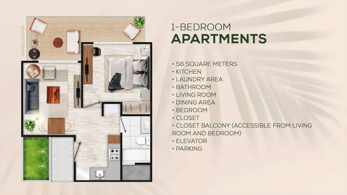 Floor plan of the 56 m² one-bedroom apartment