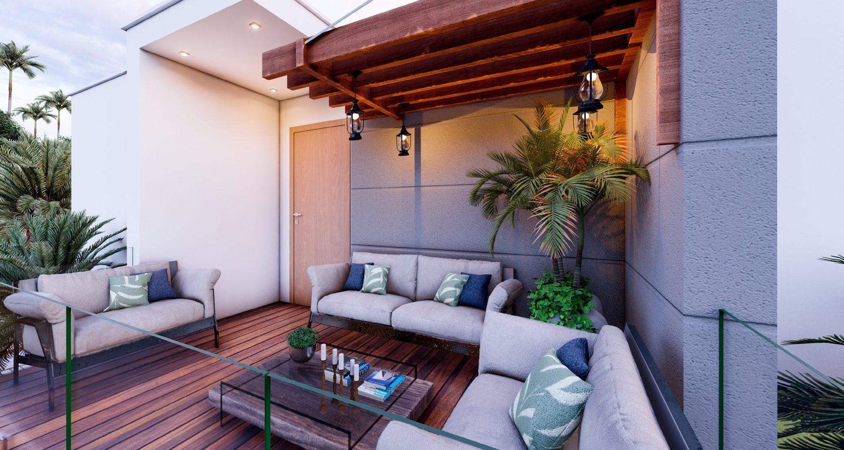 Rendering of a lounge area under a wooden pergola