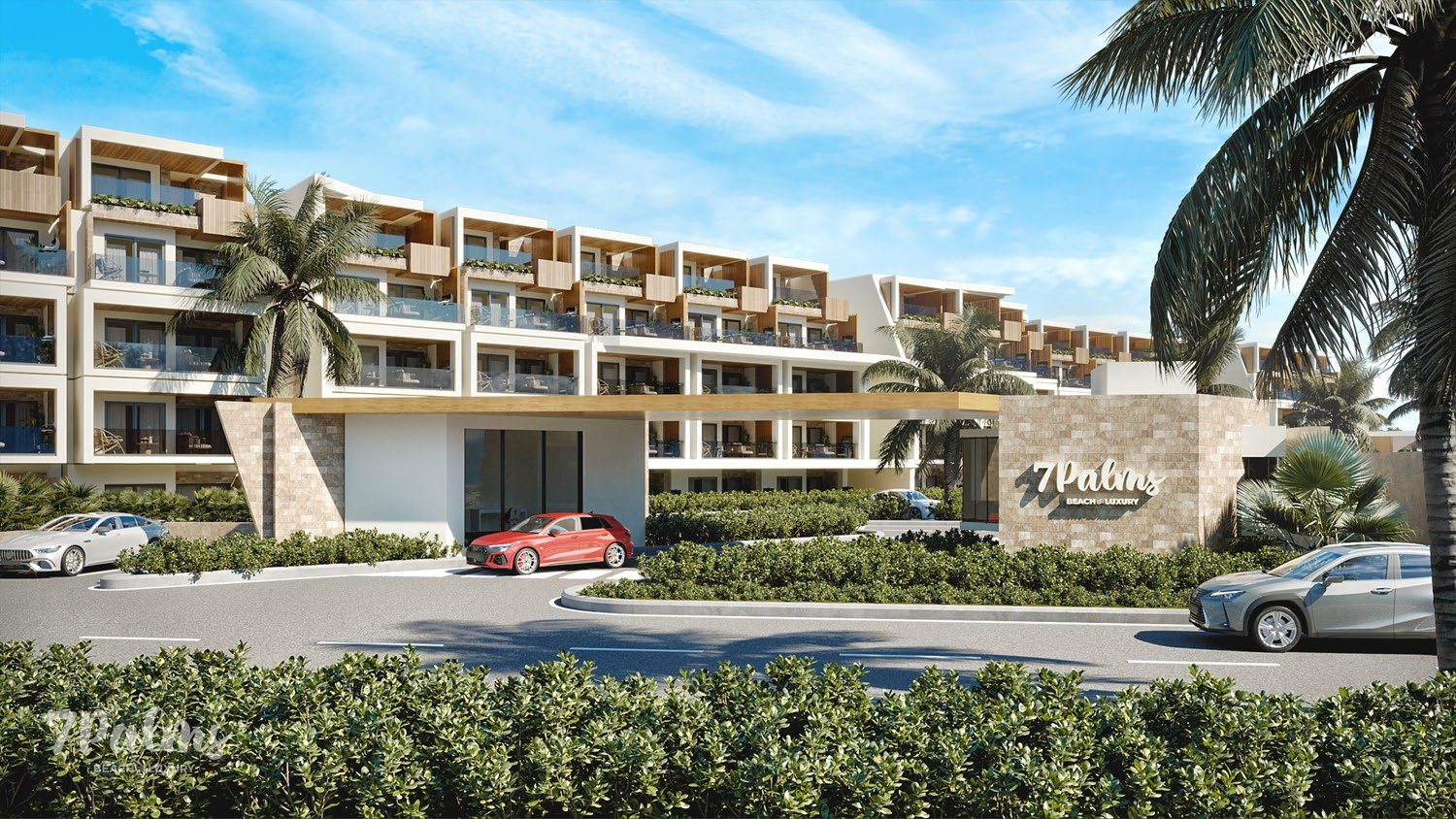 Rendering of the 7Palms Beach Luxury entrance and buildings