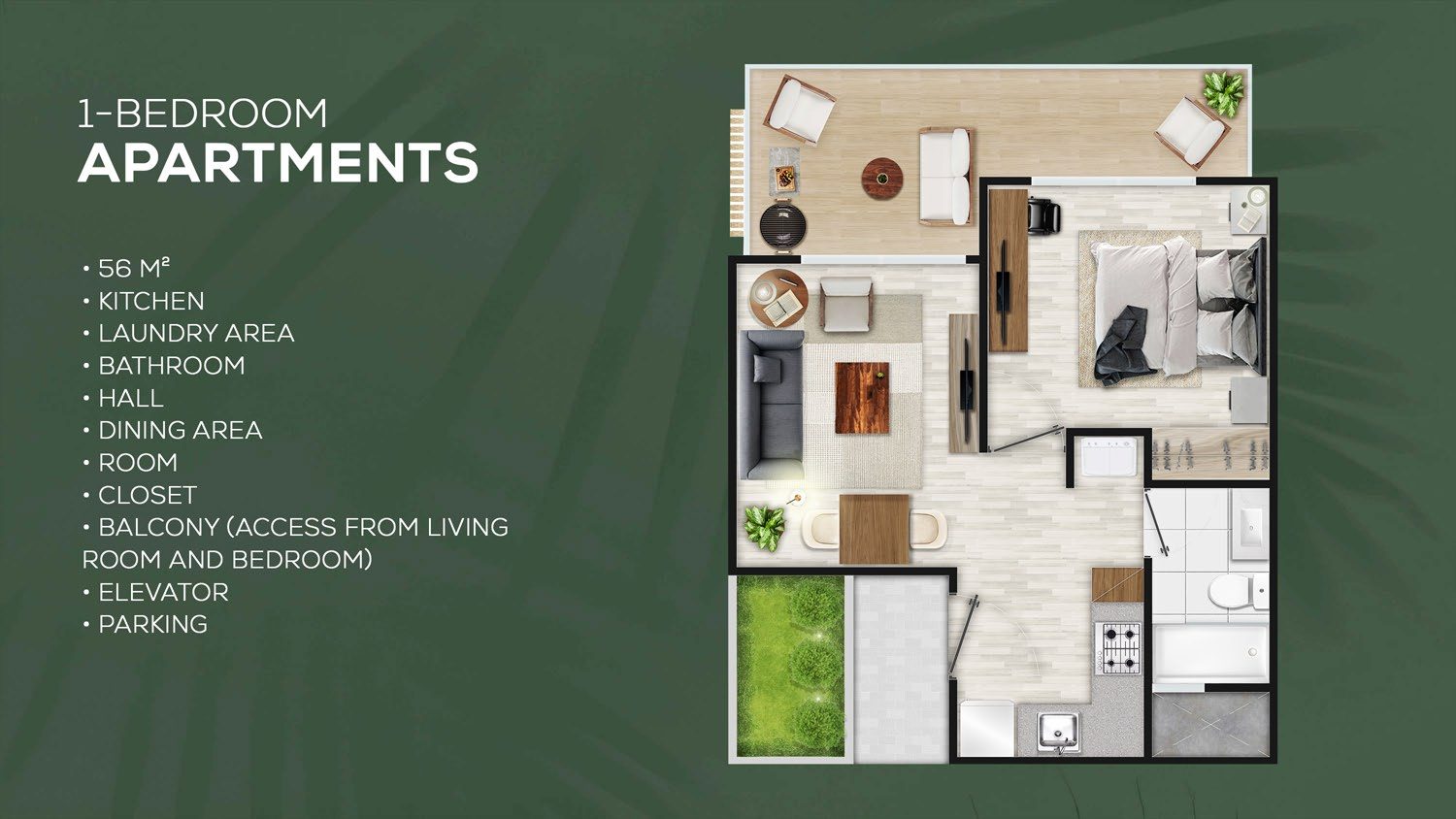 Floor plan of the 56 m² one-bedroom apartment