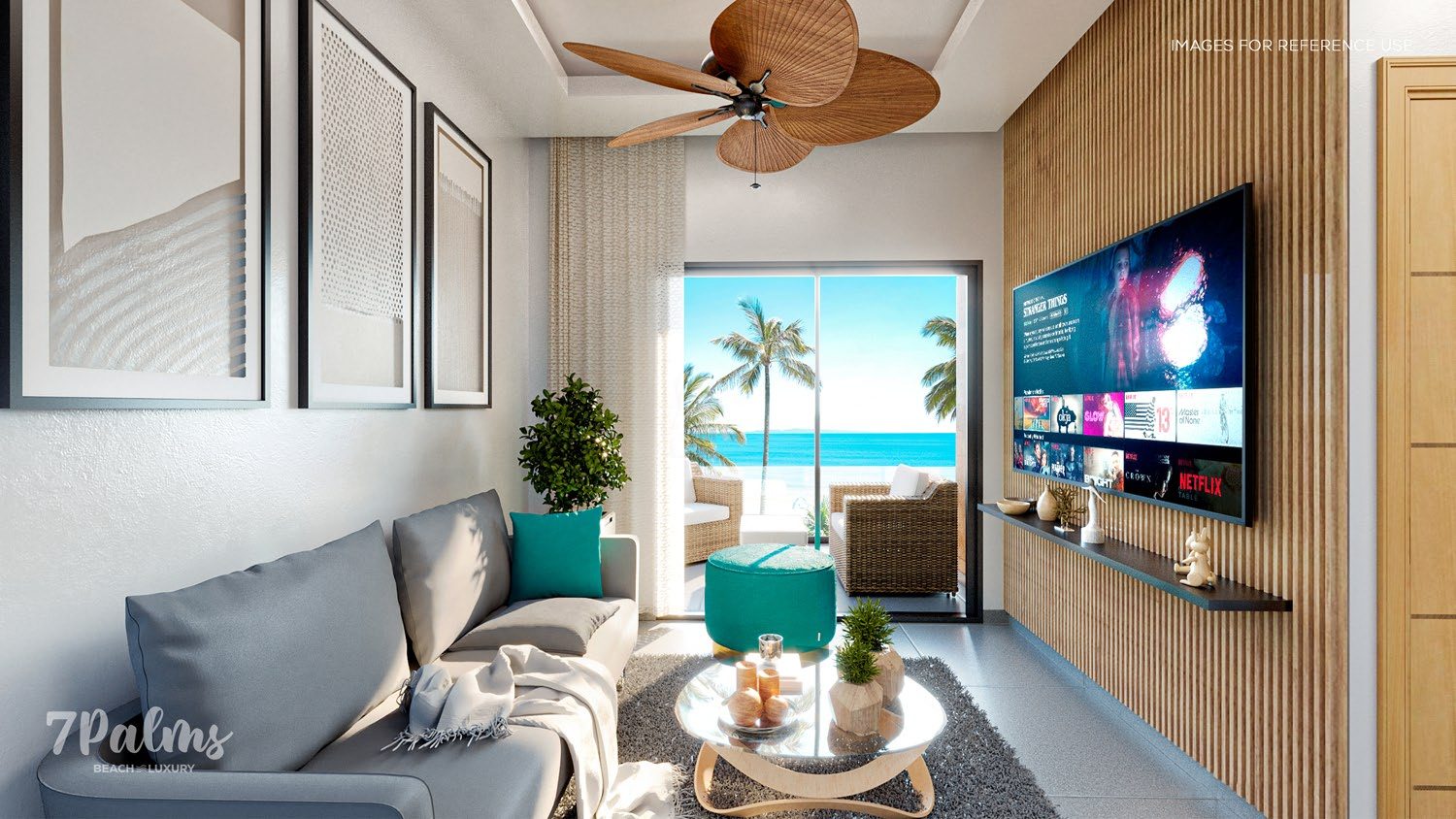 Rendering of an apartment living room with ocean view