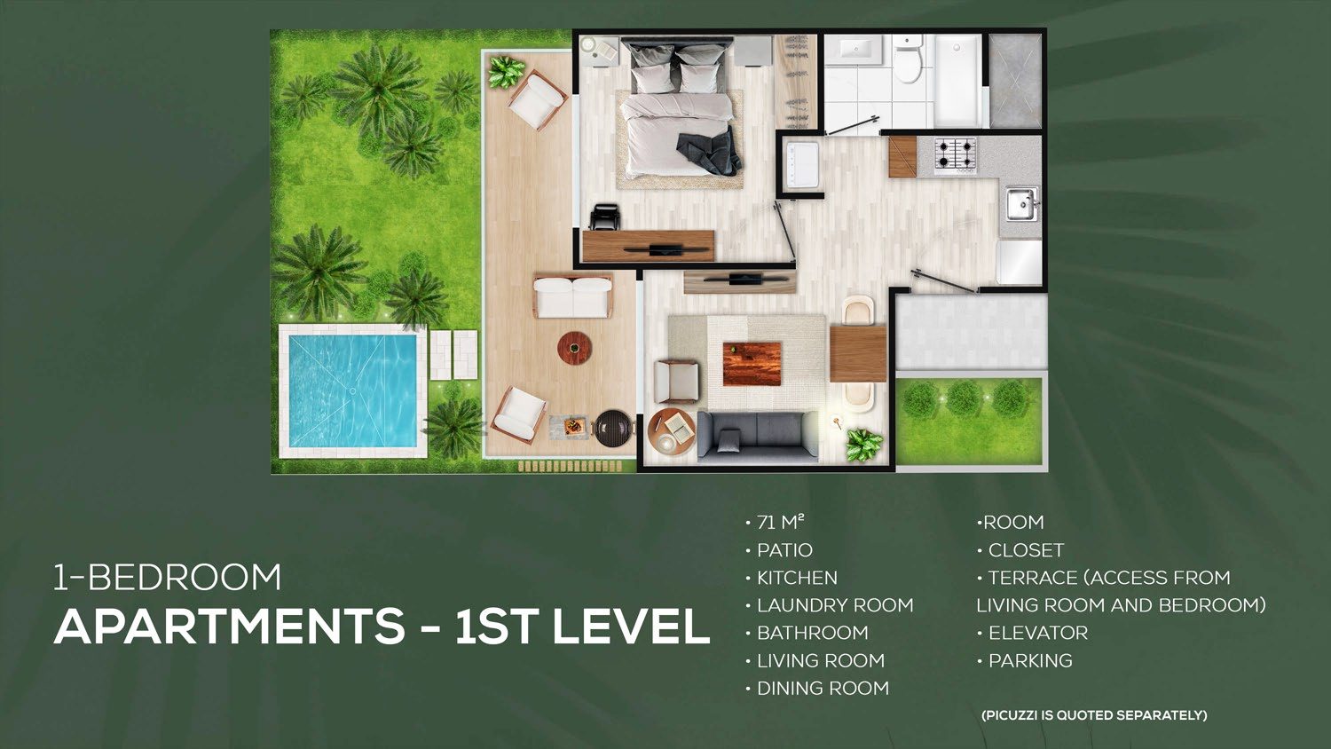 Floor plan of the 71 m² ground-floor one-bedroom apartment