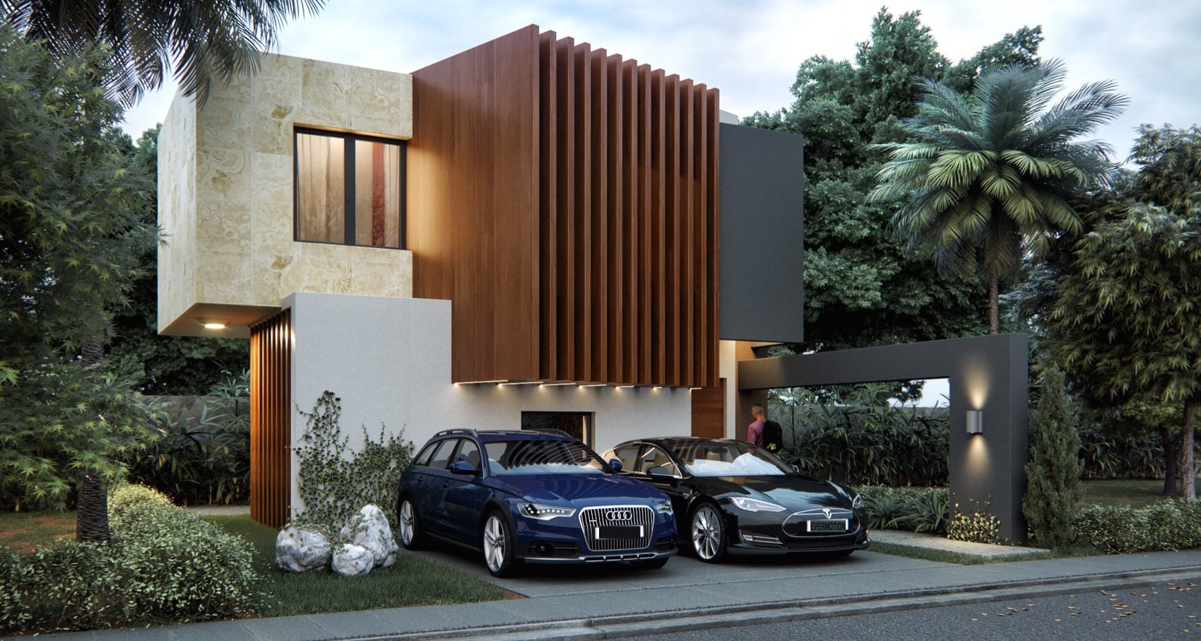 Rendering of a single villa façade with two parking spaces