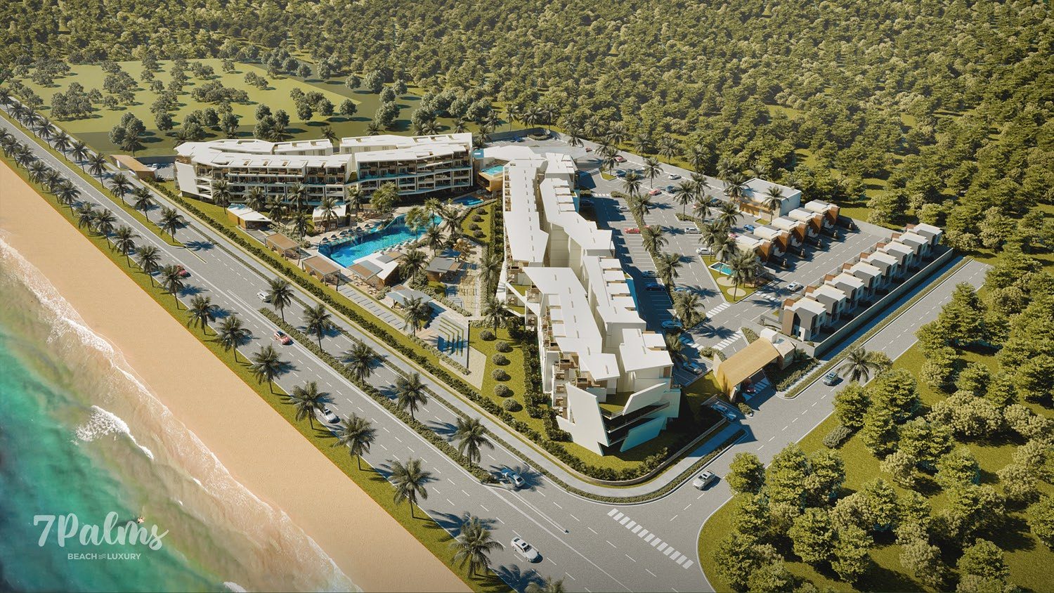 Aerial rendering of 7Palms Beach Luxury beside the coast