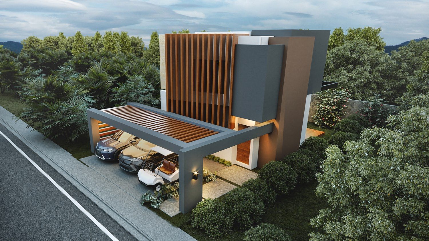 Rendering of a villa corner with tropical landscaping