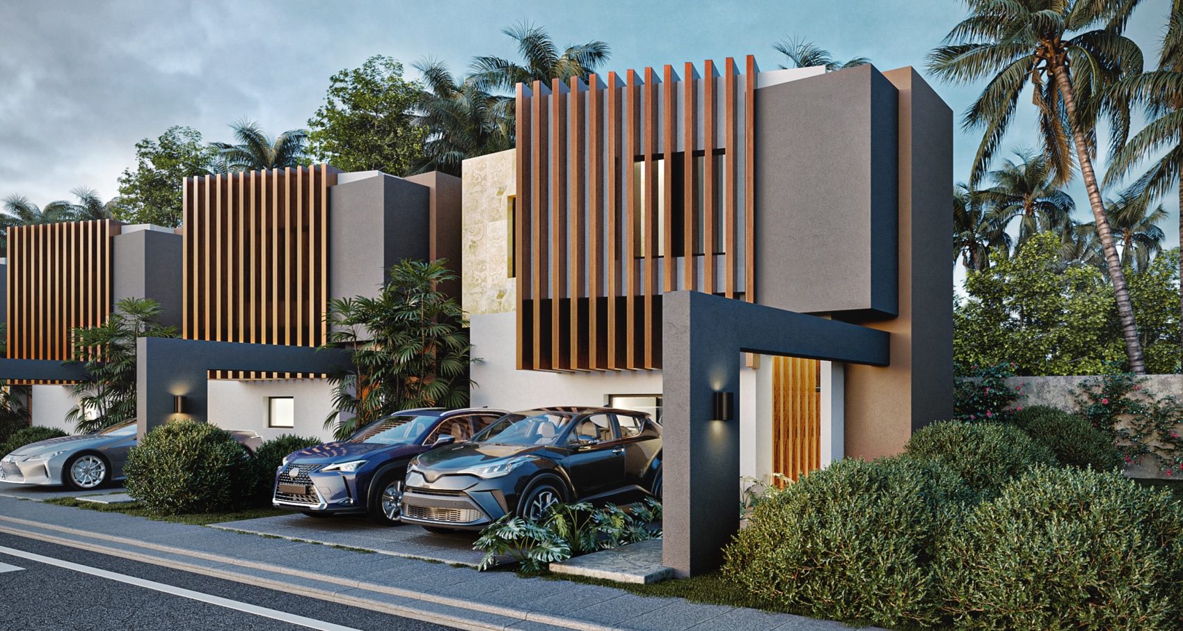 Rendering of villas at dusk with landscaped front gardens