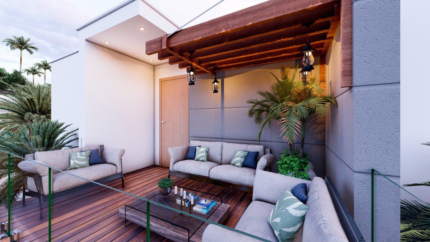 Rendering of a rooftop lounge terrace with pergola