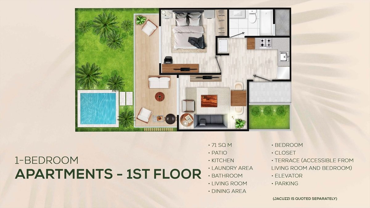 Floor plan of the 71 m² ground-floor one-bedroom apartment