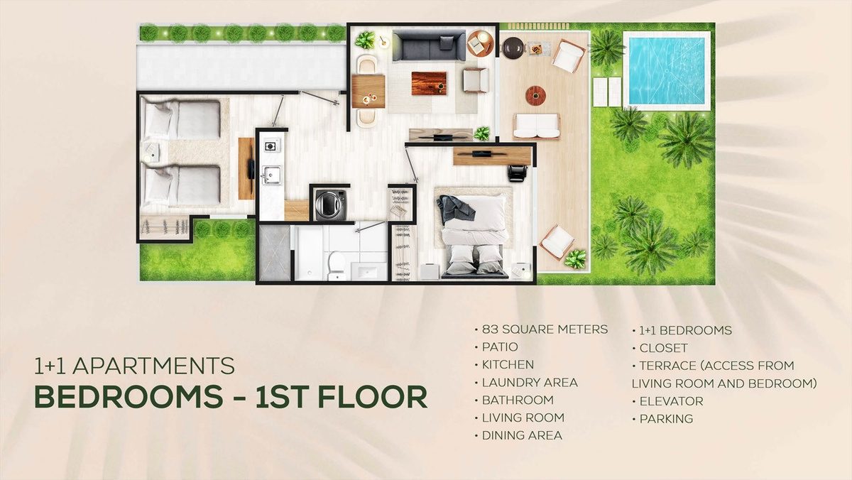 Floor plan of the 83 m² ground-floor 1+1 apartment
