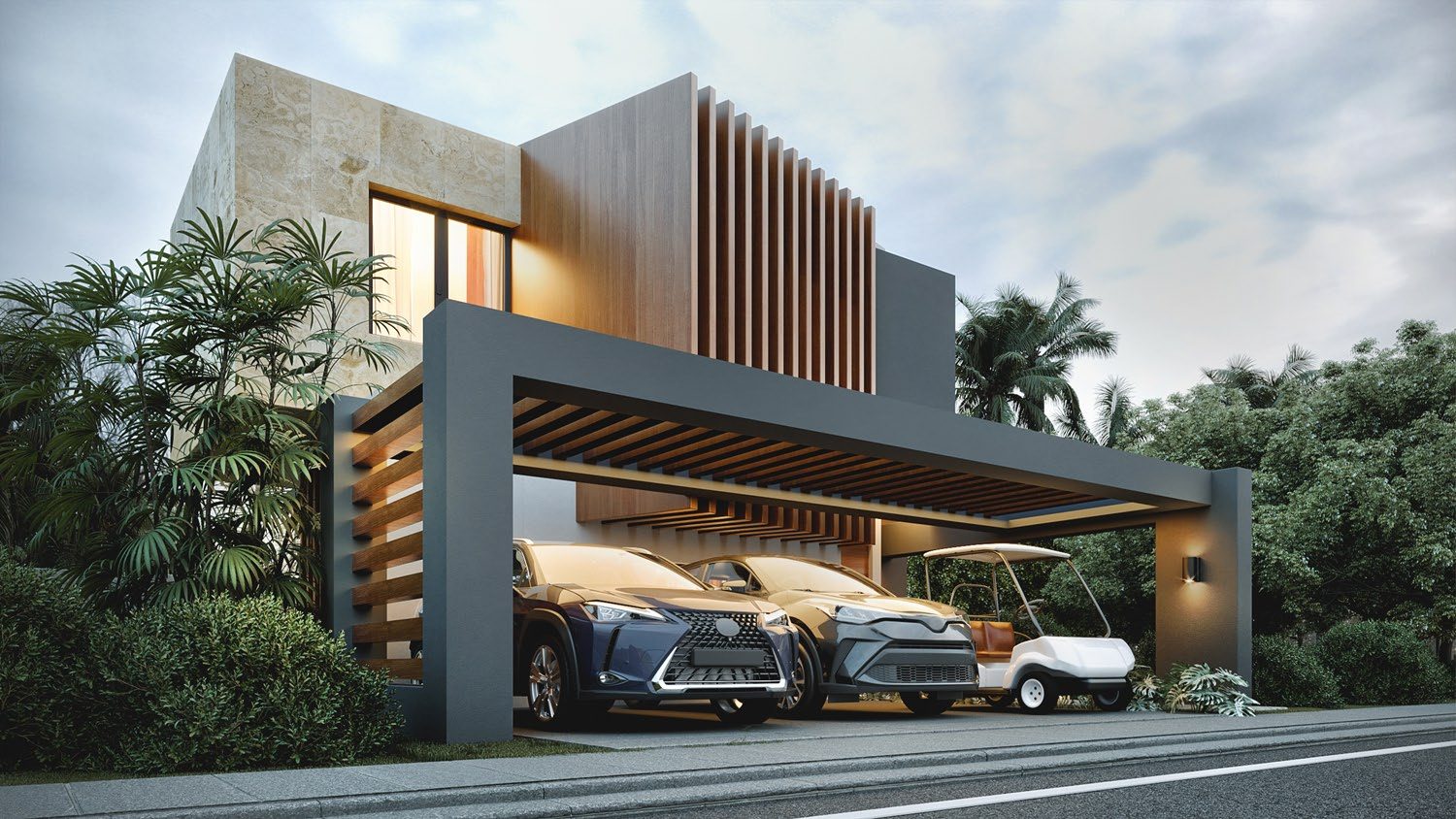 Rendering of a 7Palms Privé villa façade at dusk