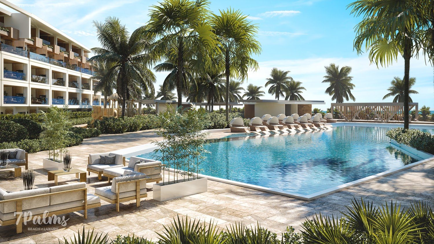 Rendering of a pool terrace at 7Palms Beach Luxury