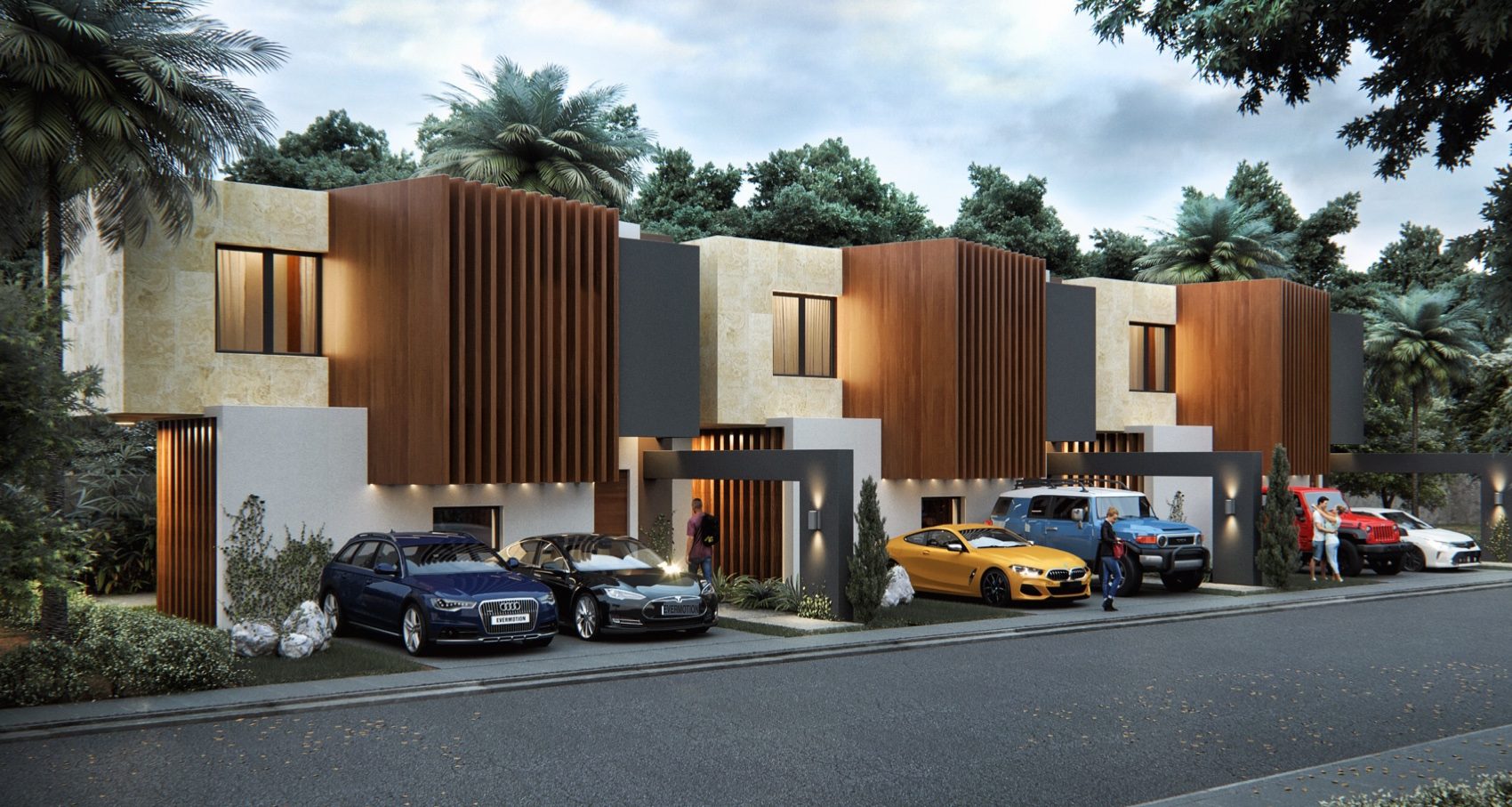Rendering of modern two-storey villas with wood slat façades and parking