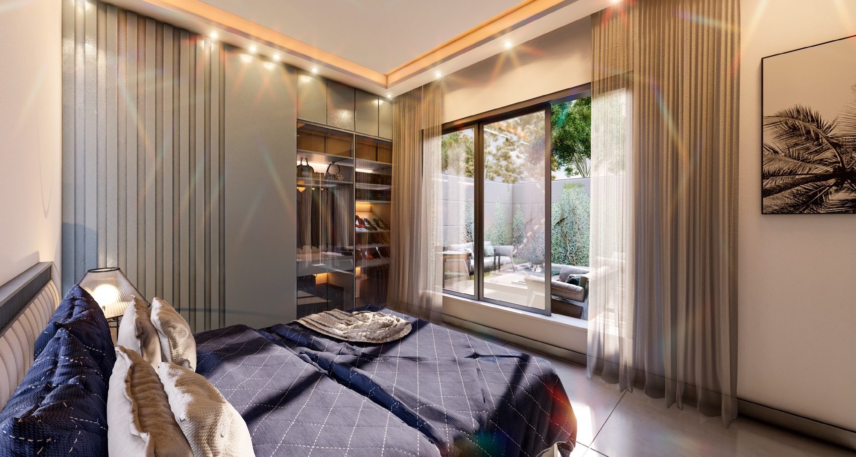 Rendering of a bedroom with floor-to-ceiling windows