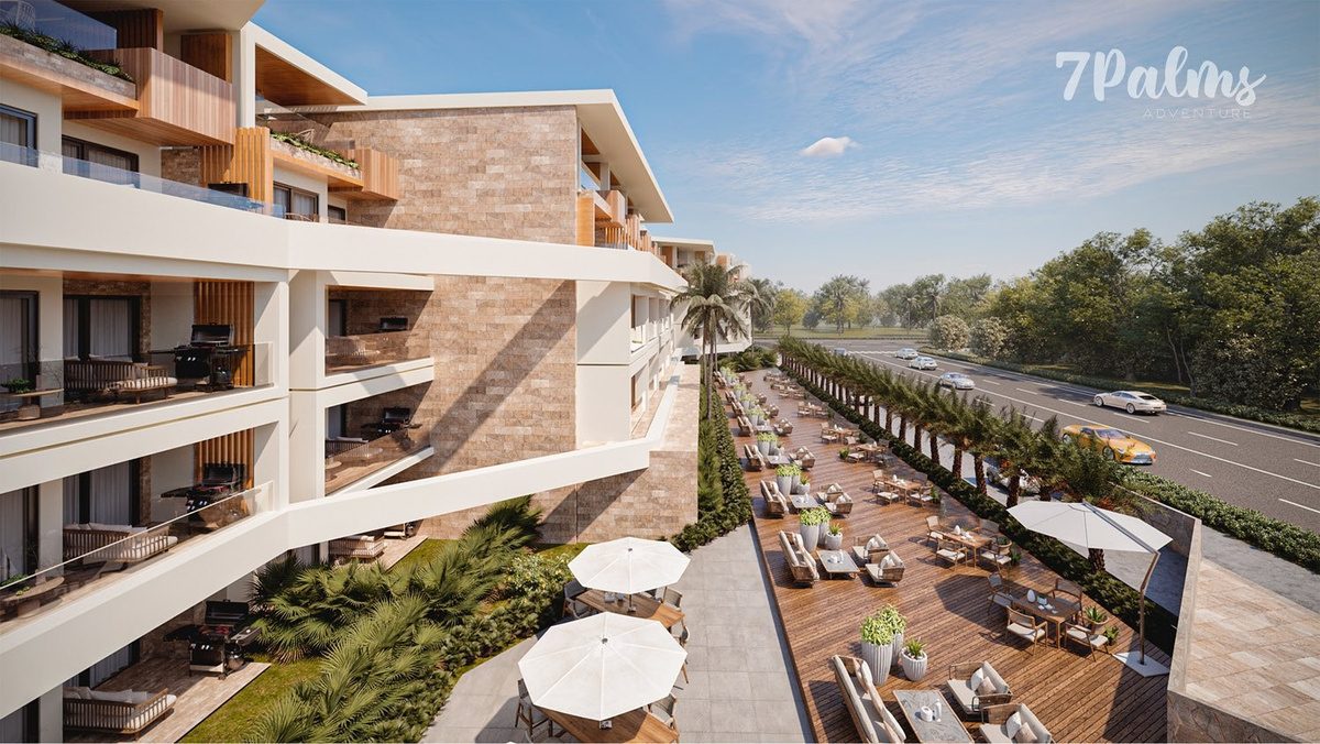 Rendering of apartment balconies above the walkway