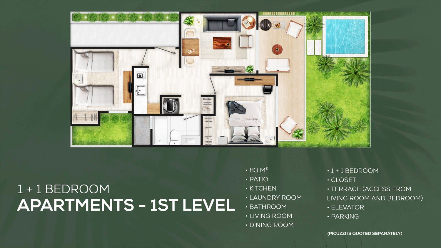 Floor plan of the 83 m² ground-floor 1+1 apartment